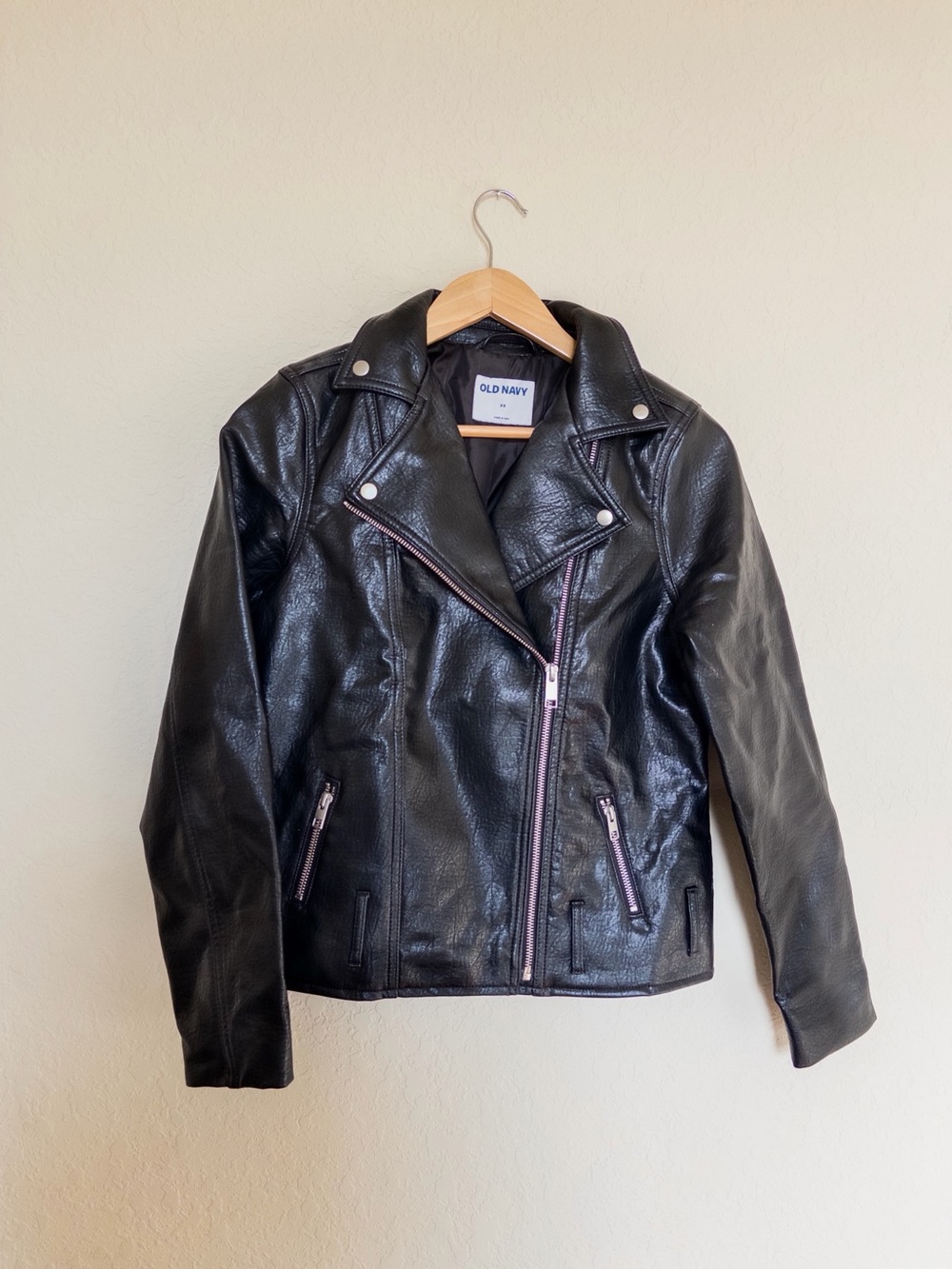 Old Navy Black Faux Leather Moto Jacket XS | Classic Biker Zip Jacket